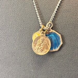 Vintage Religious Charm Necklace Blue Silver Gold Medals Serenity Prayer Boho